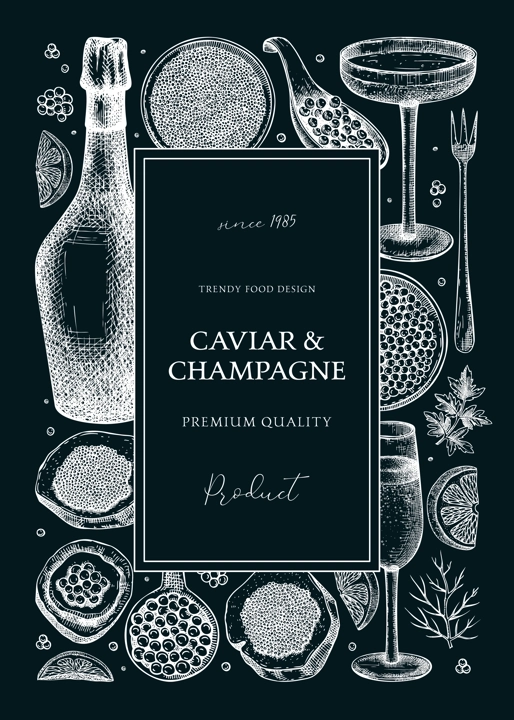 Caviar and champagne frame design on chalkboard. Hand drawn red caviar canape, canned black caviar, sparkling wine bottle, glasses sketches. Seafood vector background for prints, banners, menus